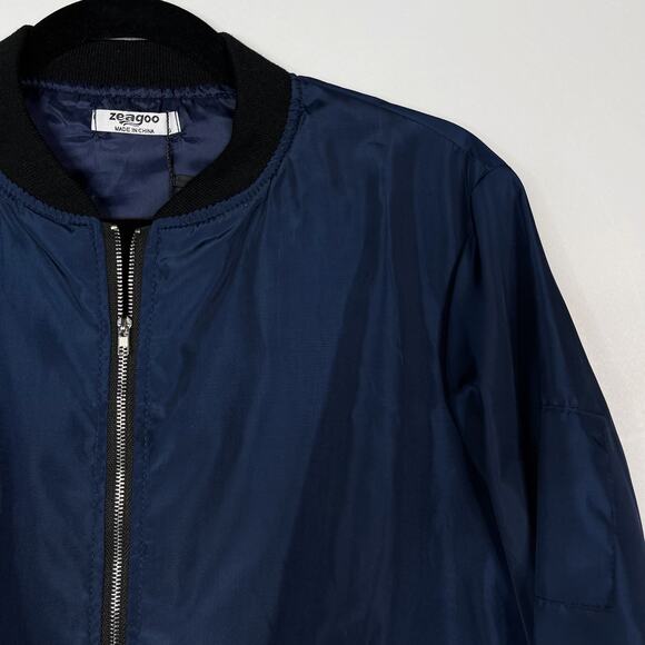New Zeagoo Womens Small S Navy Blue Bomber Jacket Zip Up Coat Black Trim Pockets - Picture 3 of 10